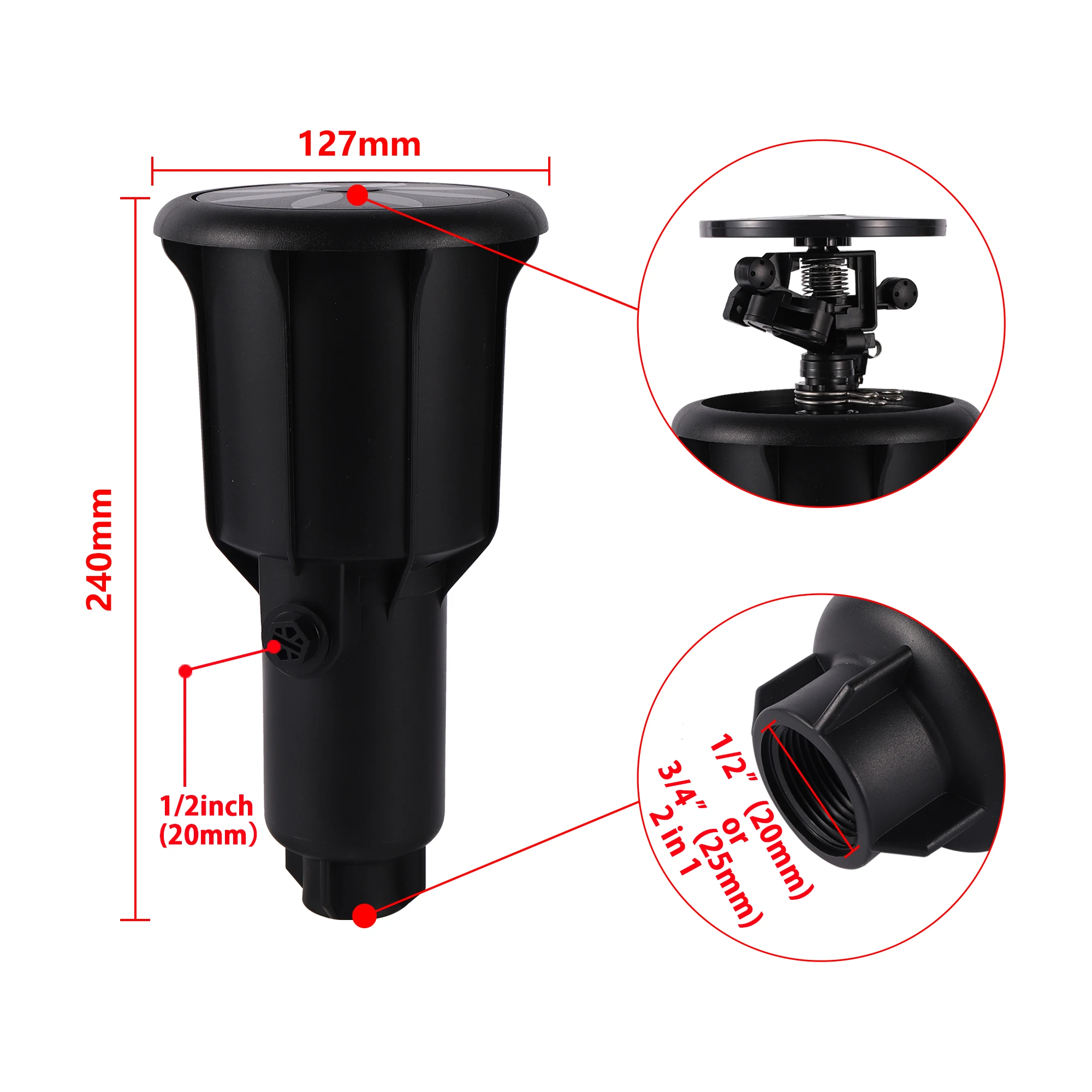 Cabezal de aspersor de impacto emergente de pulso de 1/2 "y 3/4", balancín ajustable, aspersor enterrado giratorio, riego automático plano para tierras de cultivo