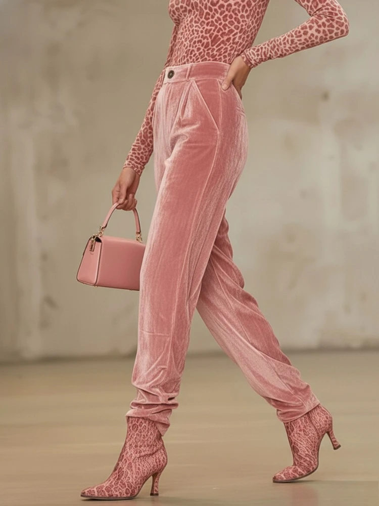Pantalones de Terciopelo Rosa de Cintura Alta para Mujer Bonboho, Pantalones Largos Holgados con Botones, Pantalones Plisados Elegantes 2026, Prendas Inferiores a Juego