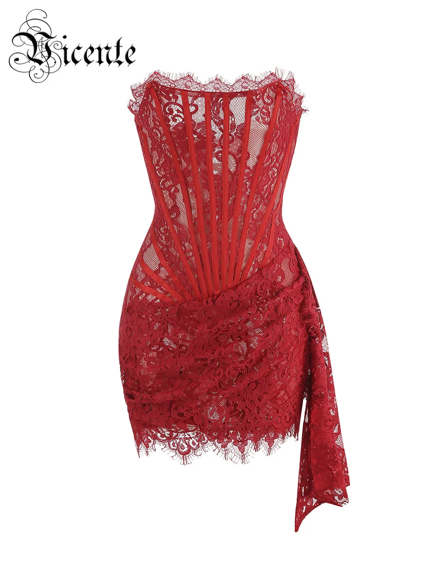 VC Vestido de Navidad para mujer Vestido corto sexy sin tirantes sin mangas de encaje rojo con cordones