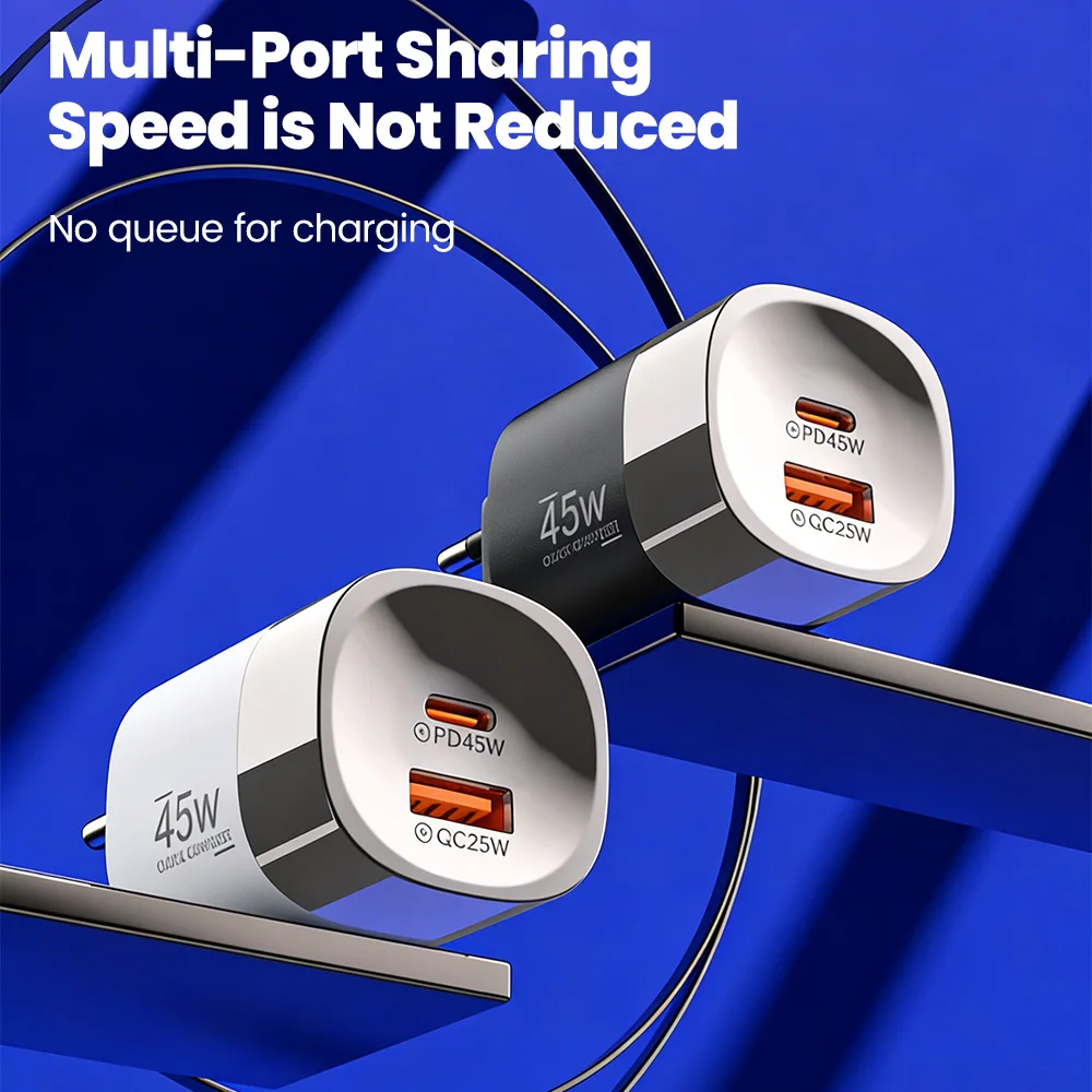 Cargador USB tipo C de 45W, 2 puertos PD, carga rápida para teléfono móvil, cargador de pared USB EU/UK/US, QC3.0, supercarga para iPhone, Samsung, Poco