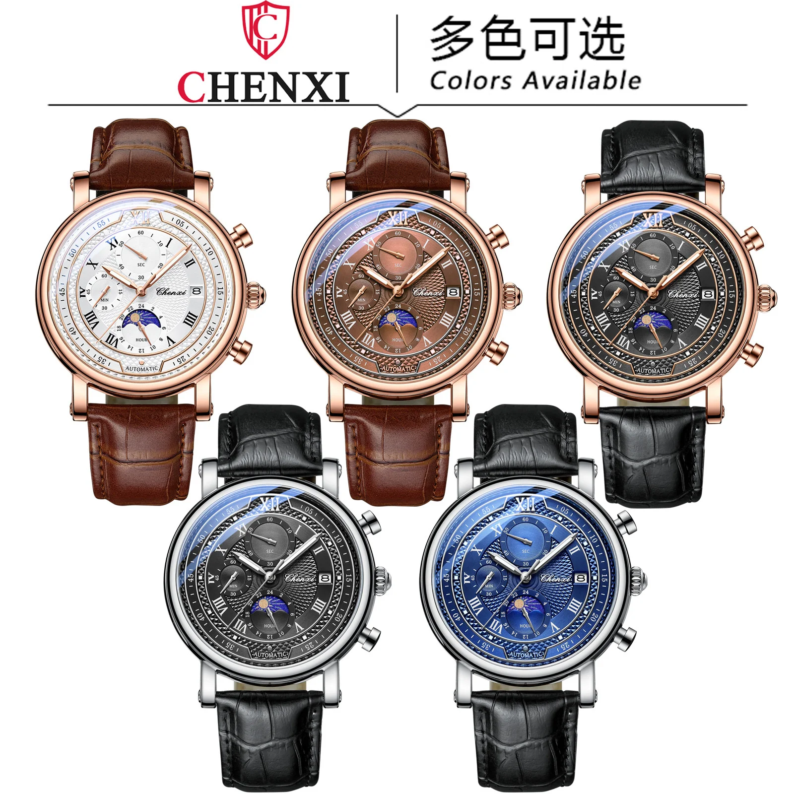 Reloj de cuarzo luminoso para hombre Chenxi 976, cronógrafo de cuero con fecha, fase lunar, cronometraje, estilo ejecutivo, Relojes Para Hombres