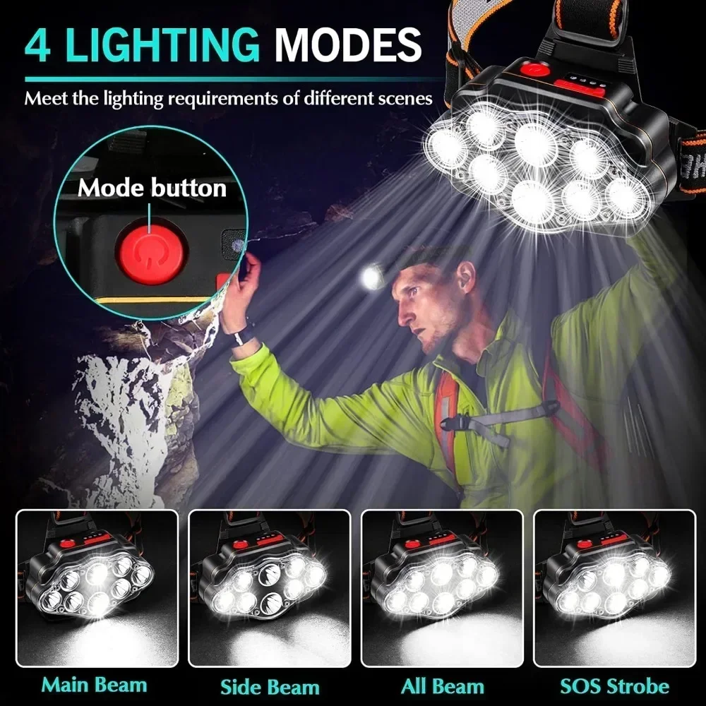 Potente linterna de cabeza recargable de 8LED para pesca, faro Led, faros de Camping, linterna de caza, linternas delanteras para senderismo