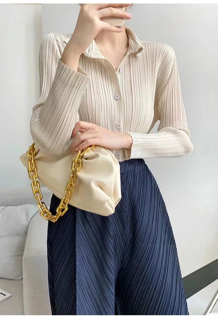 Camisa de mujer Miyake, camisa de manga larga con solapa plisada, camisa informal versátil holgada de talla grande, cárdigan plisado, Tops, novedad de otoño 2024