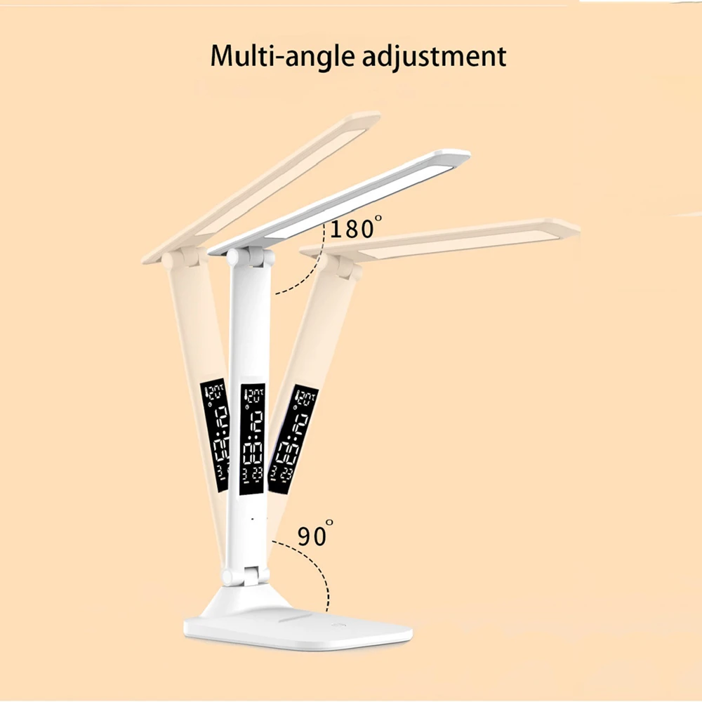 Lámpara de mesa plegable, lectura USB, protección ocular regulable táctil con despertador, termómetro, lámpara LED de escritorio, luz nocturna con carga USB