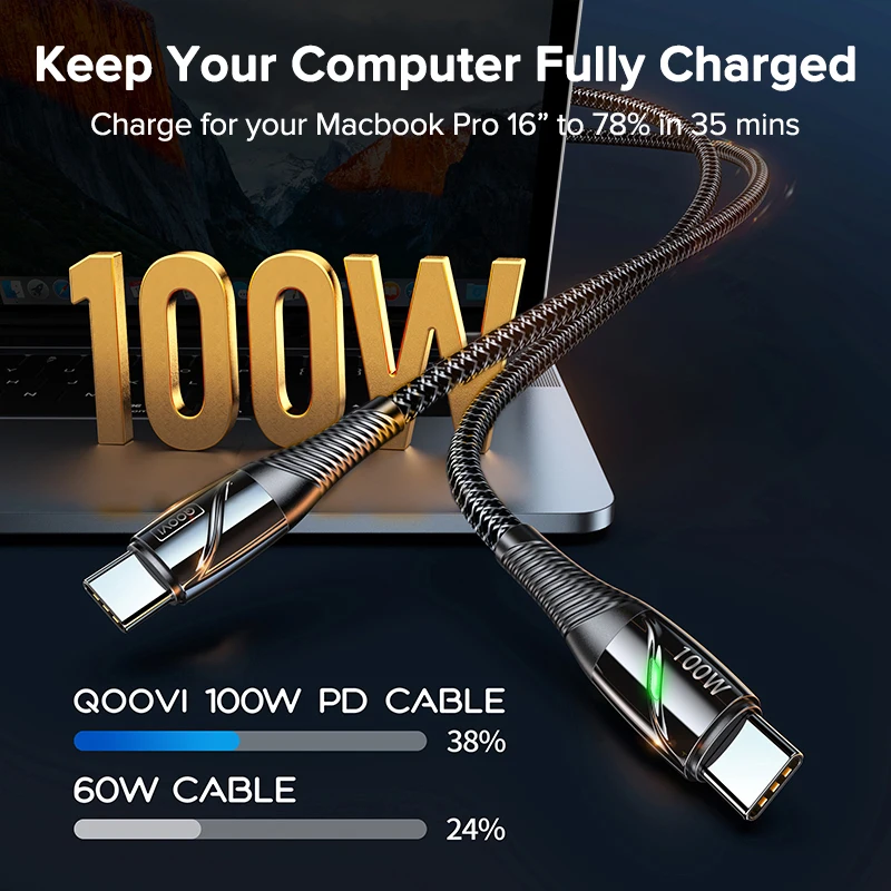 QOOVI PD 100W USB C a USB tipo C Cable para Macbook cargador de ordenador portátil carga rápida para iPhone 15 Xiaomi Samsung Cable de carga