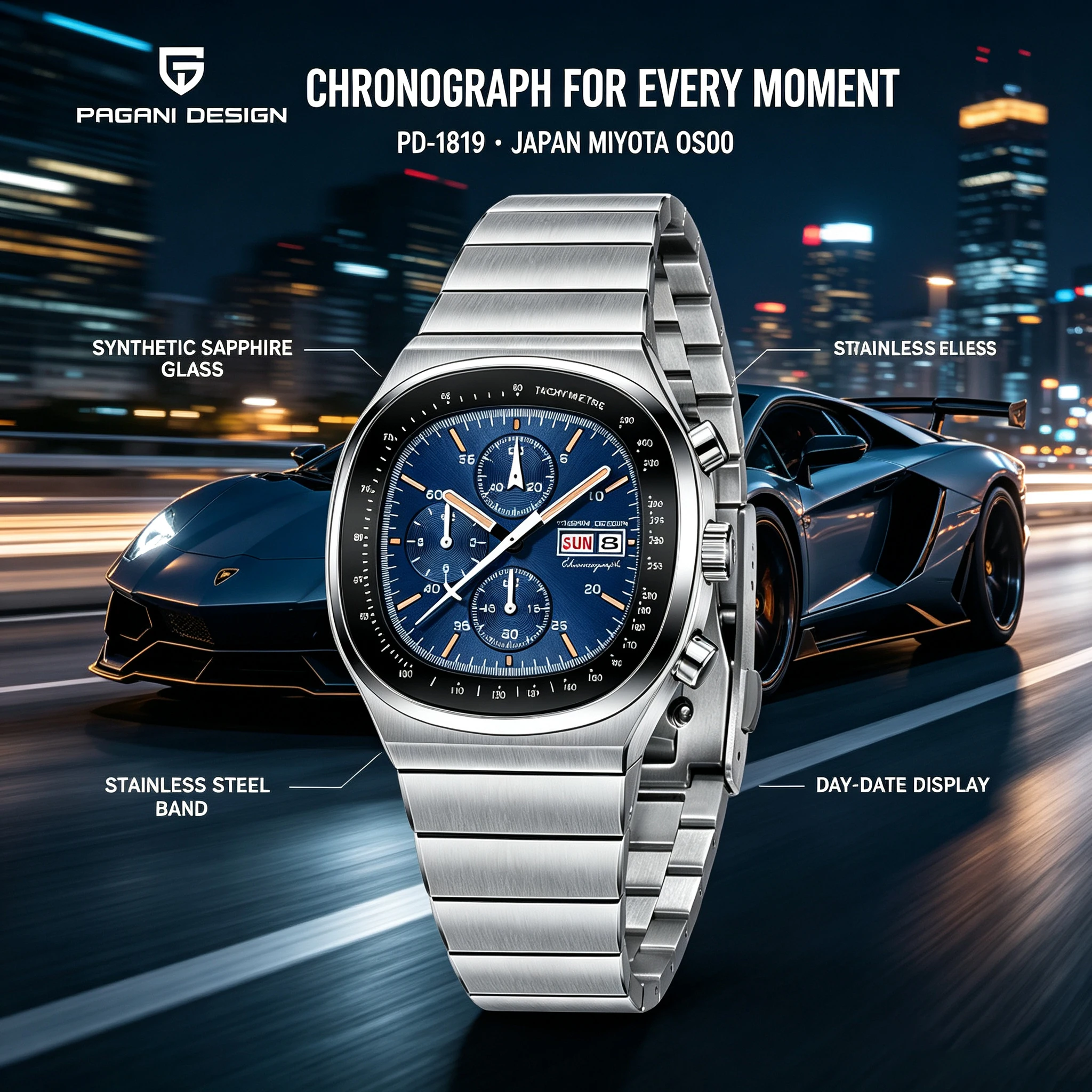 Reloj cronógrafo cuadrado PAGANI DESIGN PD1819 para hombre, movimiento japonés Miyota OS000, cristal de zafiro, reloj deportivo resistente al agua.