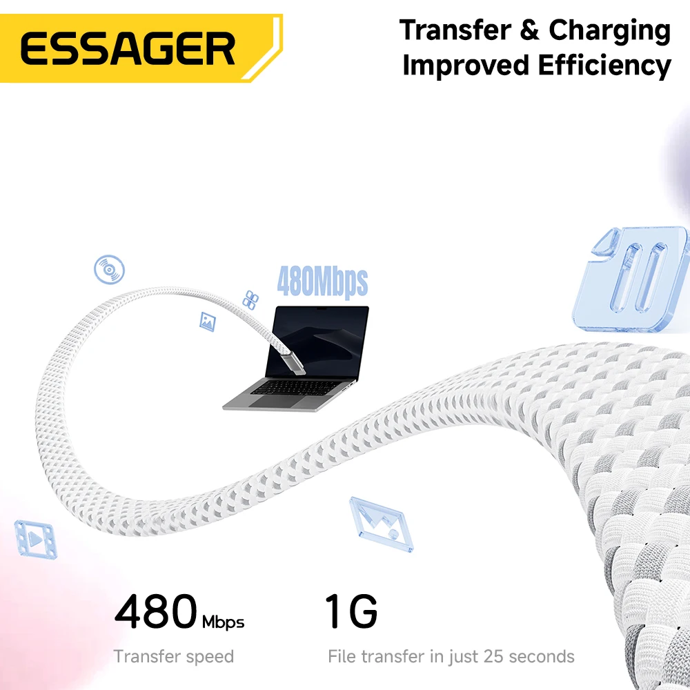 Cable Essager de 100W 5A Tipo C a Tipo C para iPhone 17, Macbook, Xiaomi, Huawei, Cable Plano Ultrafino USB C, Cable de Carga Rápida Tipo C