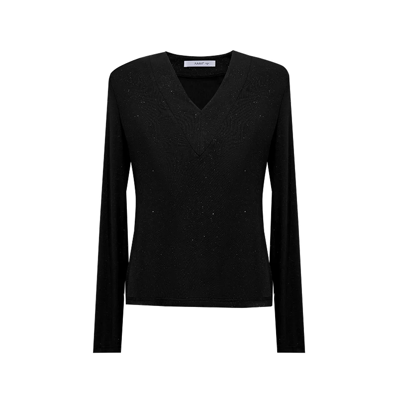 Camiseta Amii Slim de Manga Larga con Cuello en V, Elástica, de Color Sólido, para Mujer, Otoño 2026, Nueva, Versátil y Cómoda, 12613020