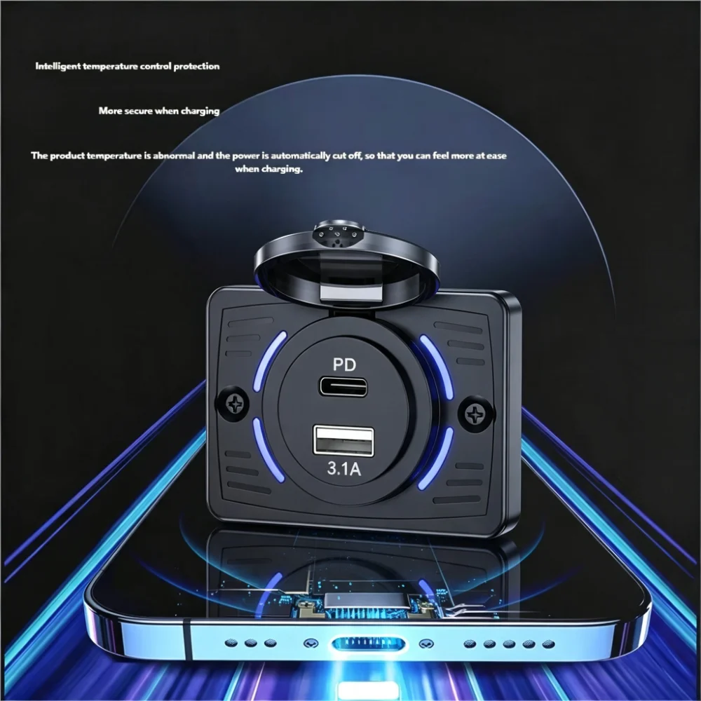 Cargador de Coche 12V-24V PD+USB, 45W Carga Rápida, Indicador LED Azul, Toma de Corriente Integrada con Cubierta Abatible Impermeable para Coche y Motocicleta