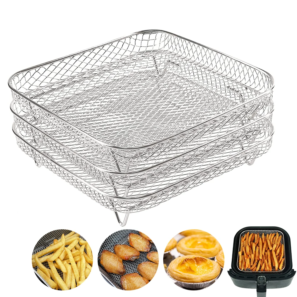 Bastidores de freidora de aire de 3 capas, cesta cuadrada de acero inoxidable, bandeja apilable, deshidratador, accesorios para freidora de aire, aptos para Cocina