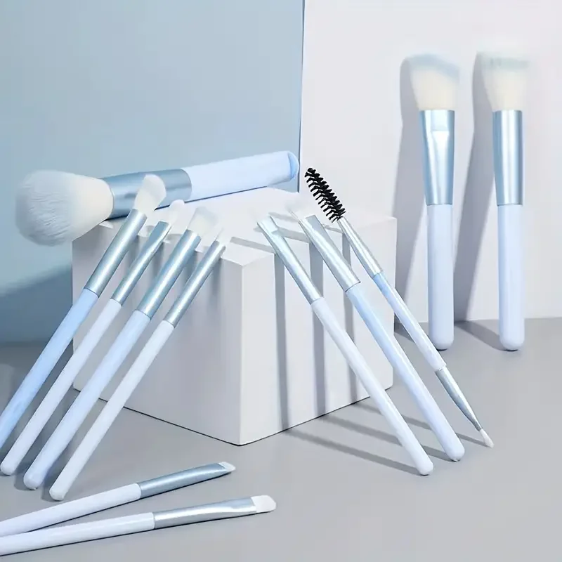 Set de 12 Brochas de Maquillaje Azules para Base, Corrector, Rubor, Polvo, Sombra de Ojos, Kabuki, Brochas Suaves y Esponjosas para Maquillaje Femenino