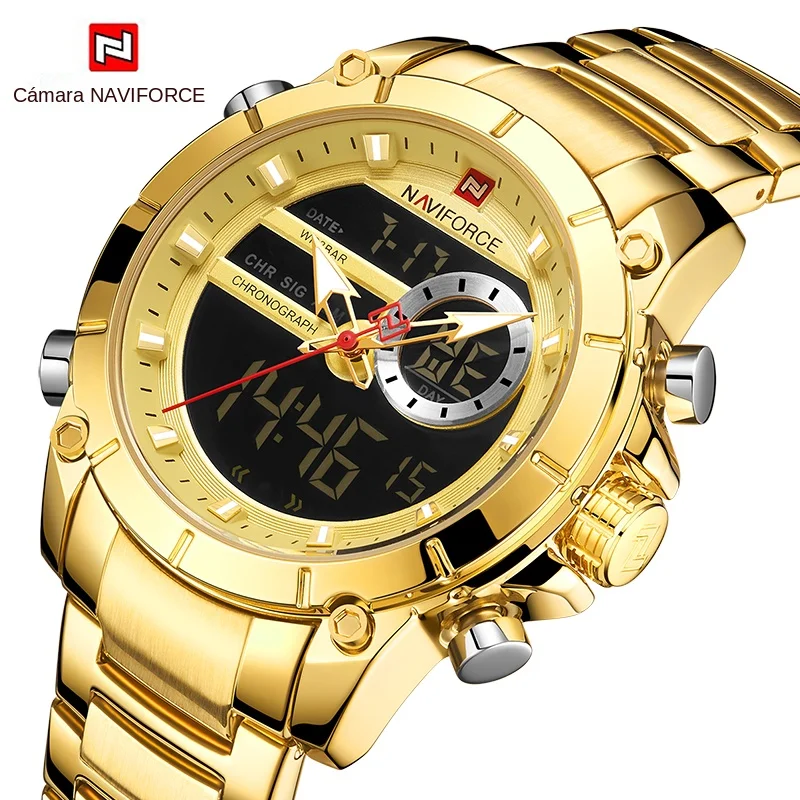 NAVIFORCE 9163 reloj de pulsera deportivo Original de lujo para hombres de cuarzo de acero resistente al agua con pantalla Dual relojes militares reloj Masculino