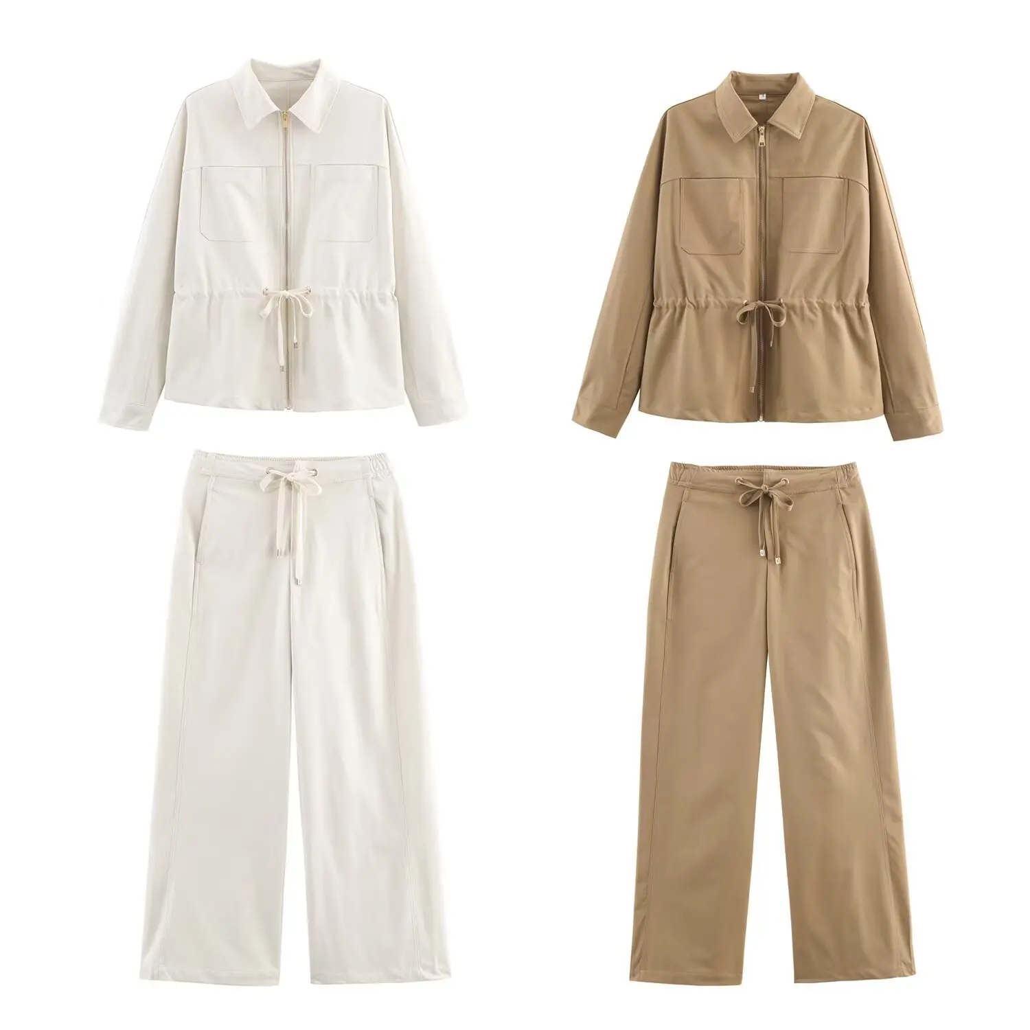 HH, pantalones informales para mujer, trajes de manga larga, cazadora con cremallera sólida + Pantalones con cordón, moda de otoño, ropa de Safari, conjunto caqui
