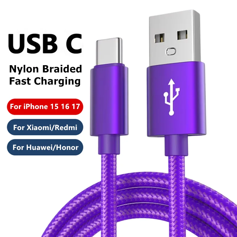 Cable USB Tipo C Trenzado para iPhone 15 16 17 Pro Max, Cable de Carga Rápida y Transferencia de Datos para Samsung Xiaomi Redmi POCO Huawei Honor OnePlus