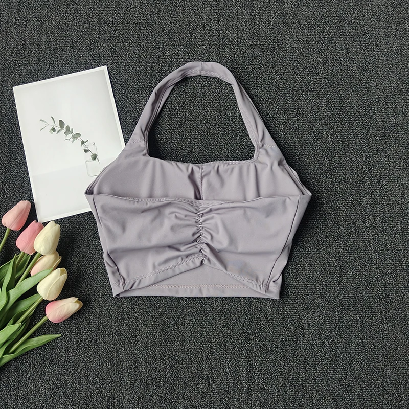 Chaleco deportivo con cuello Halter, almohadillas para el pecho, reunión a prueba de golpes, Top de Yoga para Fitness de secado rápido, parte de atrás bonita, ropa interior para mujer