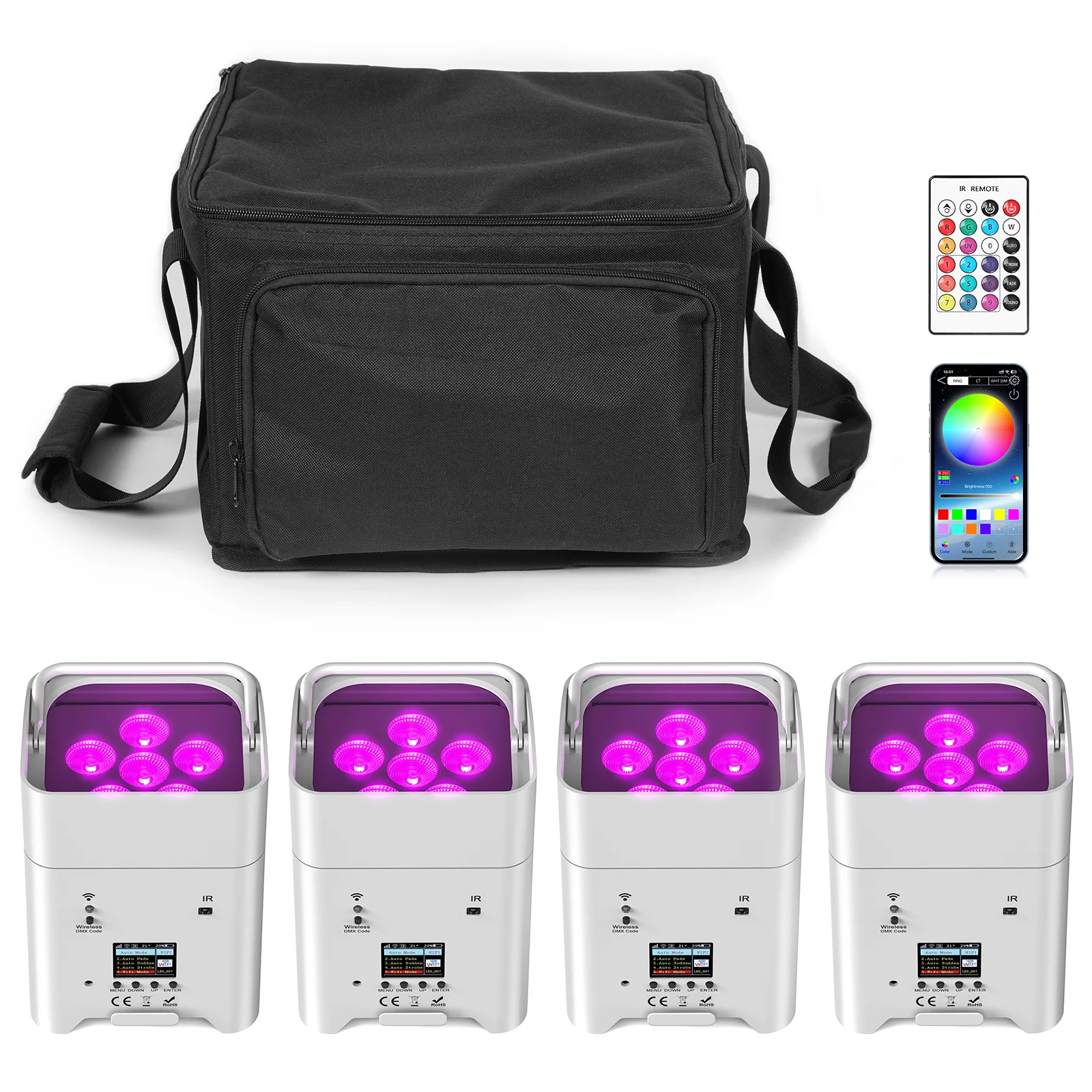U'King 4 Uds RGBWA + UV luz Par LED con bolsa 6x18W DMX luz de escenario batería integrada recargable luz Par inalámbrica luz de teñido