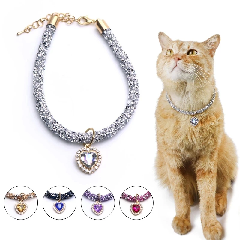 Collar de cristal para gato, colgante de gema de corazón, Collar de diamantes de imitación para fiesta, accesorios ajustables para gatos, cachorros, Chihuahua, boda y mascotas