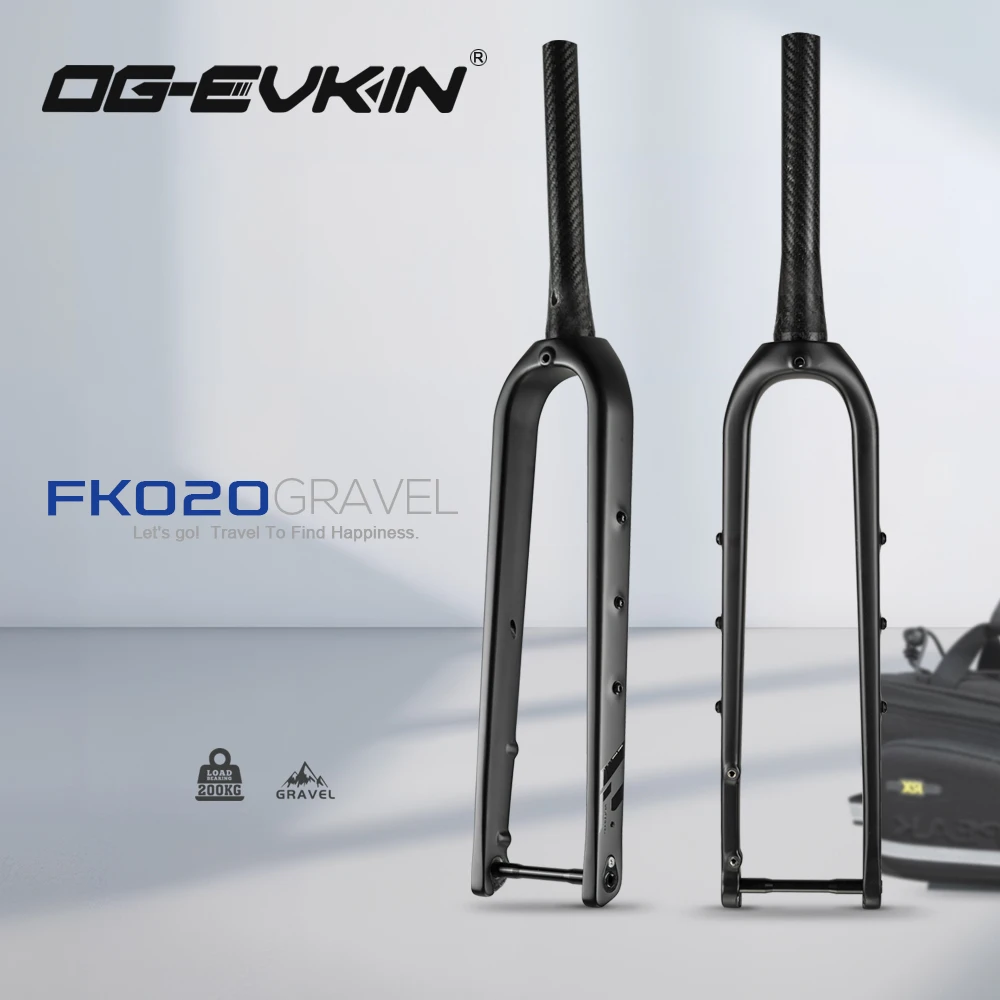 Horquilla de Gravel OG-EVKIN FK-020 de Fibra de Carbono, Horquilla Delantera Cónica para Bicicleta de Gravel, Color Negro Mate, 700C X 55C, Eje Pasante 12x100mm