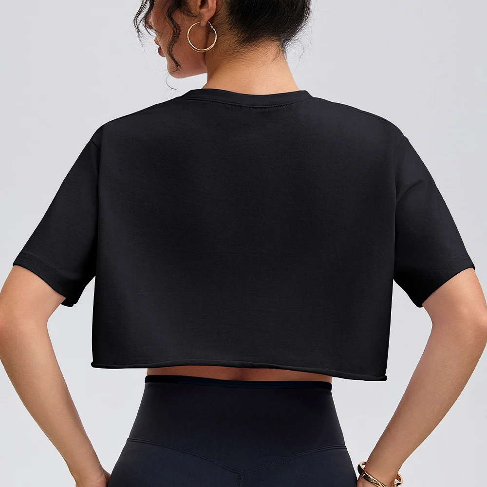 Anfilia, camisas de Yoga a la moda para mujer, holgadas, con cuello redondo, mangas cortas, 95% algodón, transpirables, para gimnasio, Fitness, Tops cortos para correr
