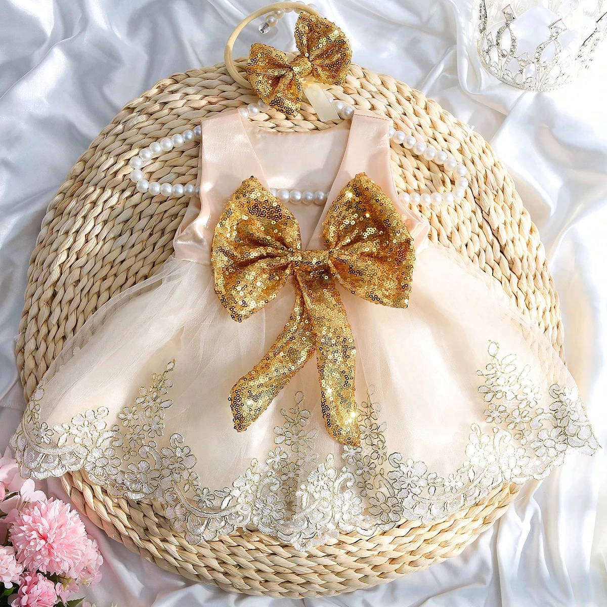 Ylsteed - Conjunto de Ropa para Fotografía de Recién Nacidos, Vestido de Encaje con Lazo Grande para Niña, Diadema con Lazo Brillante, Vestido para Sesión de Fotos de Bebé de 100 Días