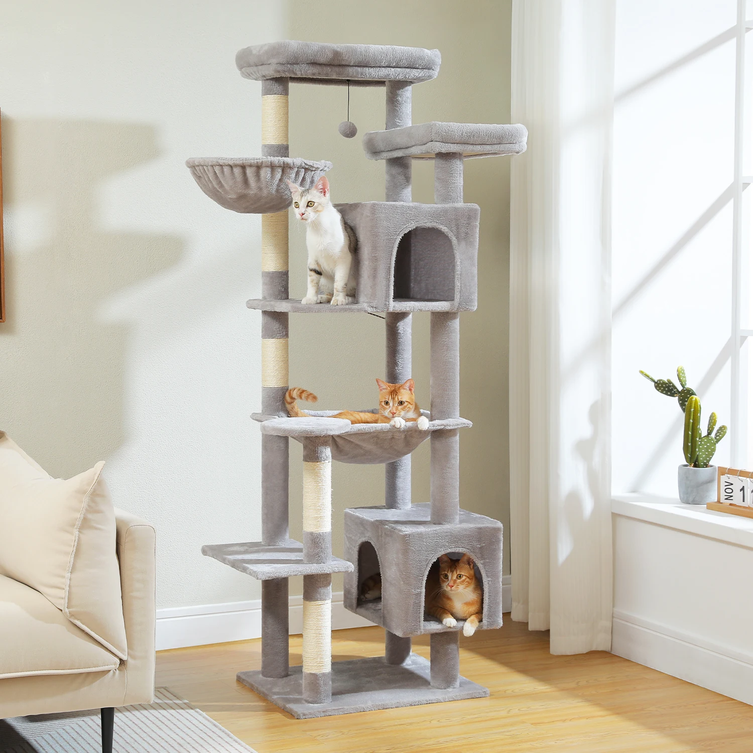 Árbol grande para gatos, torre alta para gatos de interior, Condo de gato de peluche de varios niveles con postes para rascar, tablas para rascar, perchas, cuádruplas