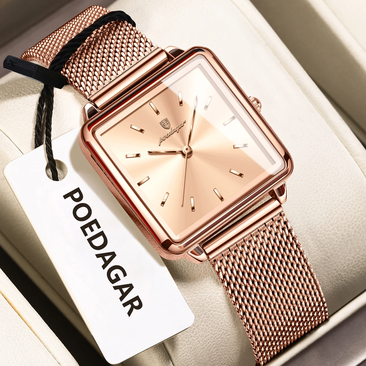 POEDAGAR Reloj cuadrado de moda para mujer, Reloj de malla de acero inoxidable resistente al agua para mujer, relojes de cuarzo elegantes para mujer, Reloj femenino
