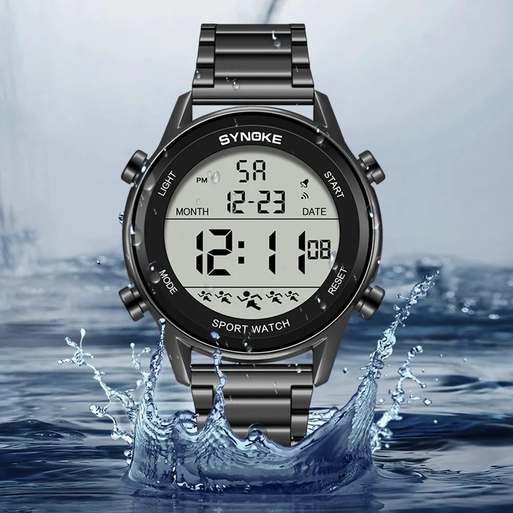 SYNOKE-reloj deportivo de lujo para hombre, cronógrafo Digital con correa de acero inoxidable, resistente al agua, con luz trasera y alarma