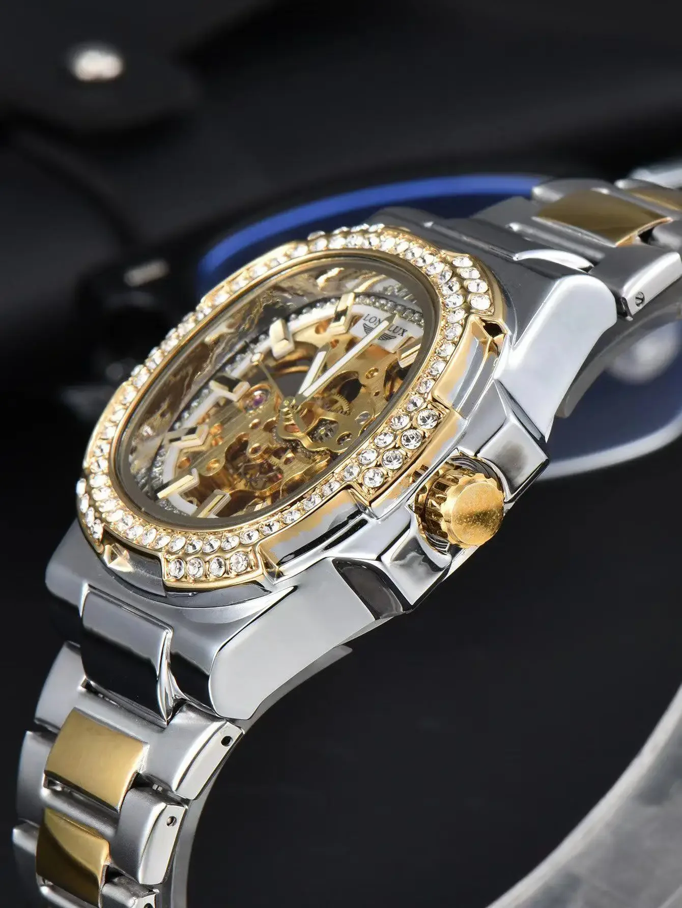 Reloj de Hombre Automático LONGLUX, Relojes de Pulsera Mecánicos de Acero Inoxidable de Lujo al por Mayor, Reloj de Hombre con Diamantes, Esqueleto, Resistente al Agua
