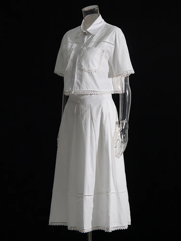 TWOTWINSTYLE, conjuntos lisos de dos piezas para mujer, Tops de manga corta con solapa, falda acampanada de cintura alta, conjuntos adelgazantes, estilo de moda femenina