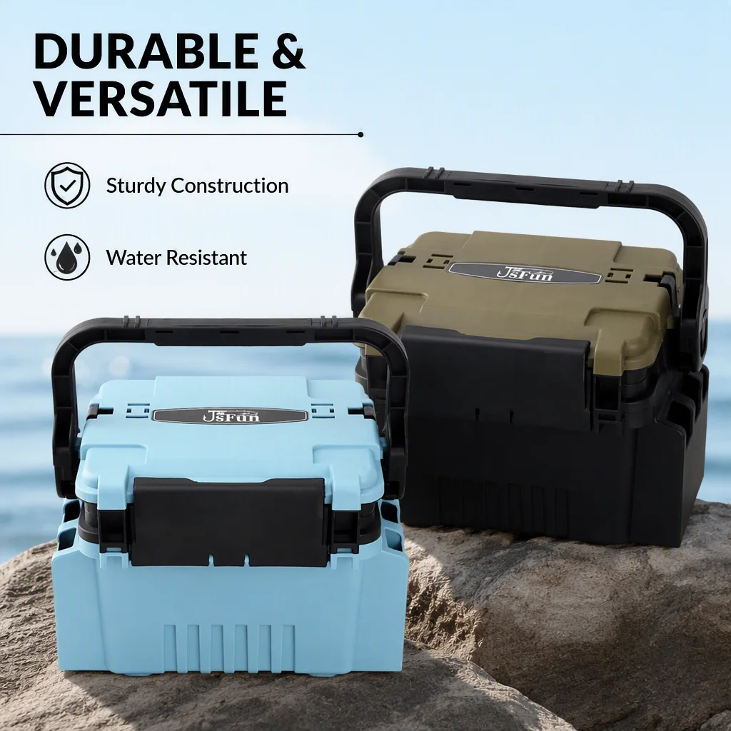 Caja de aparejos de pesca opcional de 2 tamaños y 4 colores, caja de almacenamiento de plástico duro resistente al agua y a los golpes con asa de agarre cómoda