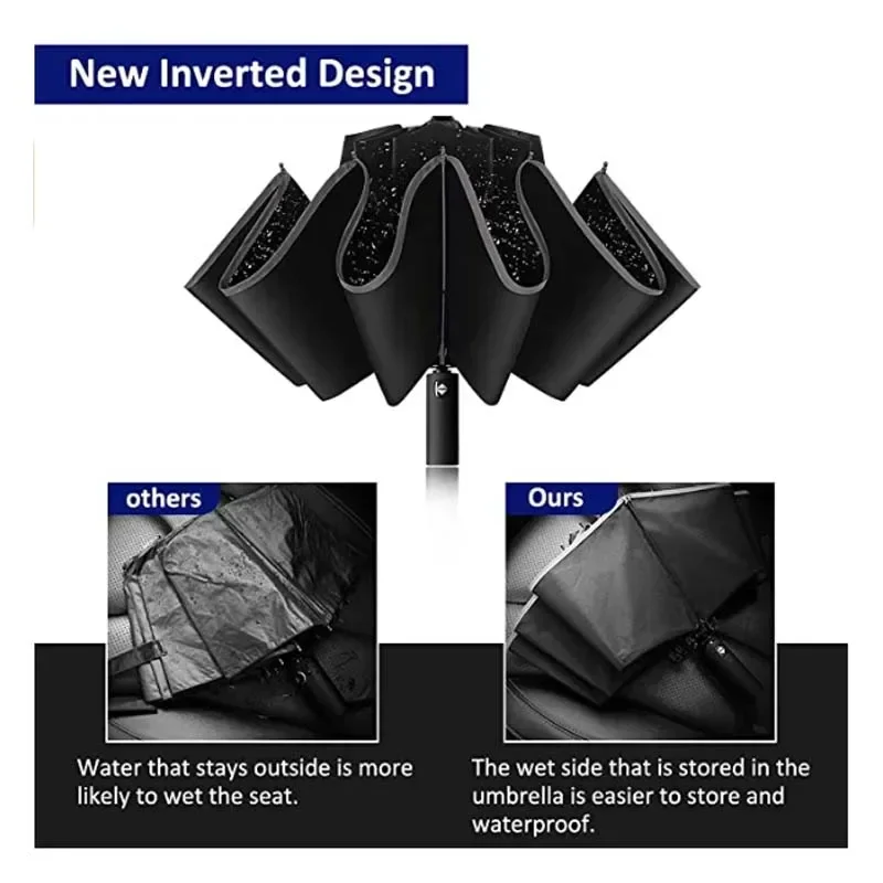 Paraguas plegable inverso completamente automático para hombres y mujeres con paraguas UV con raya reflectante a prueba de viento