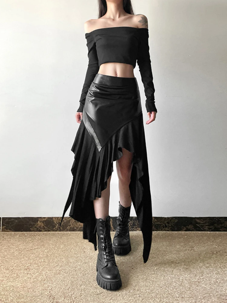 AltGoth-falda Harajuku Cyber Punk para mujer, ropa de calle gótica de Academia oscura, nueva moda Y2k, falda Irregular de cintura alta de retazos de Pu