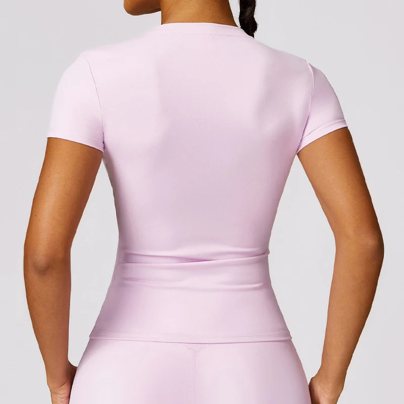 Camiseta deportiva para mujer, camiseta de verano de manga corta para correr, cuello redondo, transpirable, elástica, para gimnasio, Yoga, Fitness, Top activo