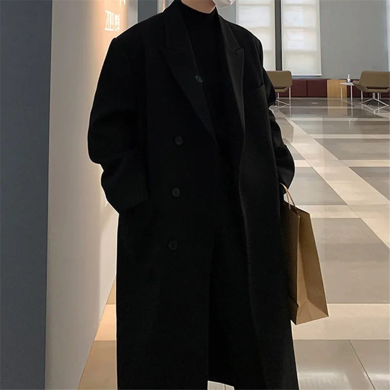 Abrigos de mezcla de lana para hombre, gabardina informal de negocios, Abrigo largo con cuello vuelto, rompevientos, moda de otoño e invierno