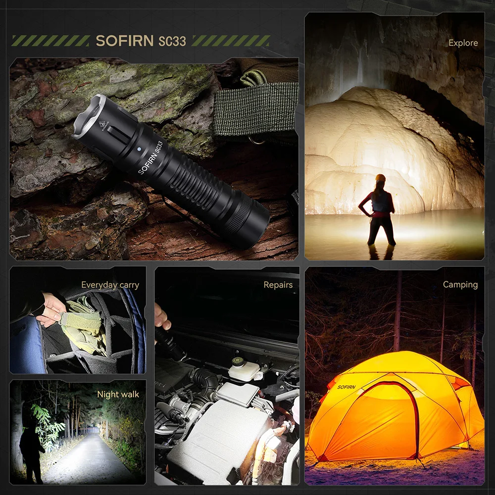 Linterna LED Sofirn SC33 XHP70.3 HI Táctica de 5200lm, Potente, Recargable por USB C con Batería 21700, Interruptor Trasero Electrónico, Luz para Exteriores