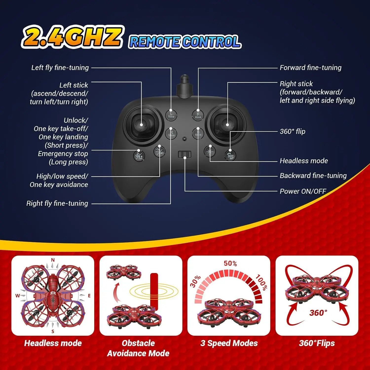 Mini Spider Drone Modos de 3 velocidades Rojo, Evitación de obstáculos, Modo sin cabeza, Entrenamiento de vuelo para principiantes, Juguete de regalo para niños