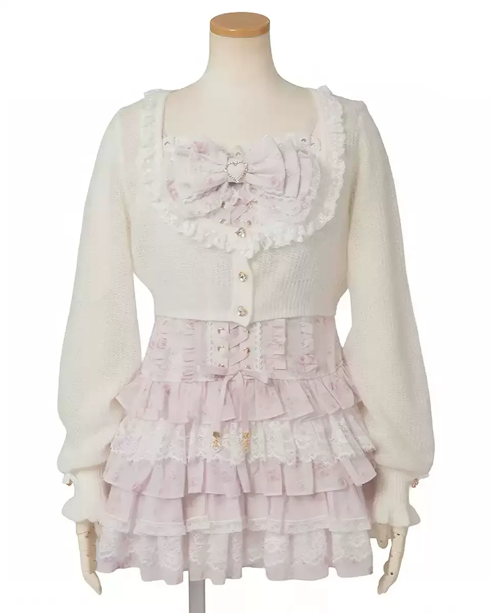 Conjunto de Dos Piezas de Encaje Floral Estilo Lolita Japonés para Mujer, con Lazo, Volantes y Falda Mini a Capas, Ropa Diaria Femenina