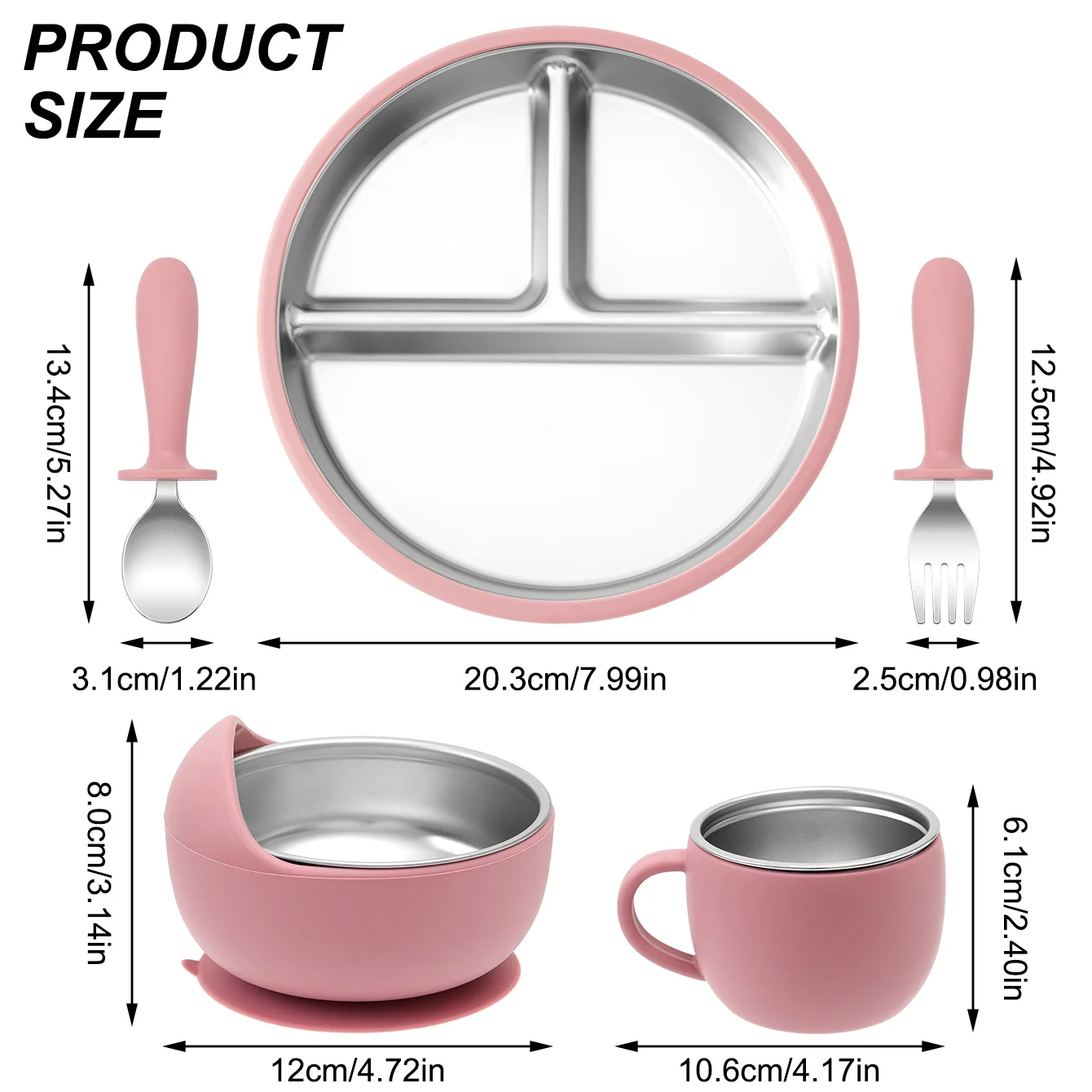 Color niños 5 uds juego de alimentación de bebé vajilla de silicona de acero inoxidable platos con ventosa plato tazón tenedor de entrenamiento cuchara taza infantil