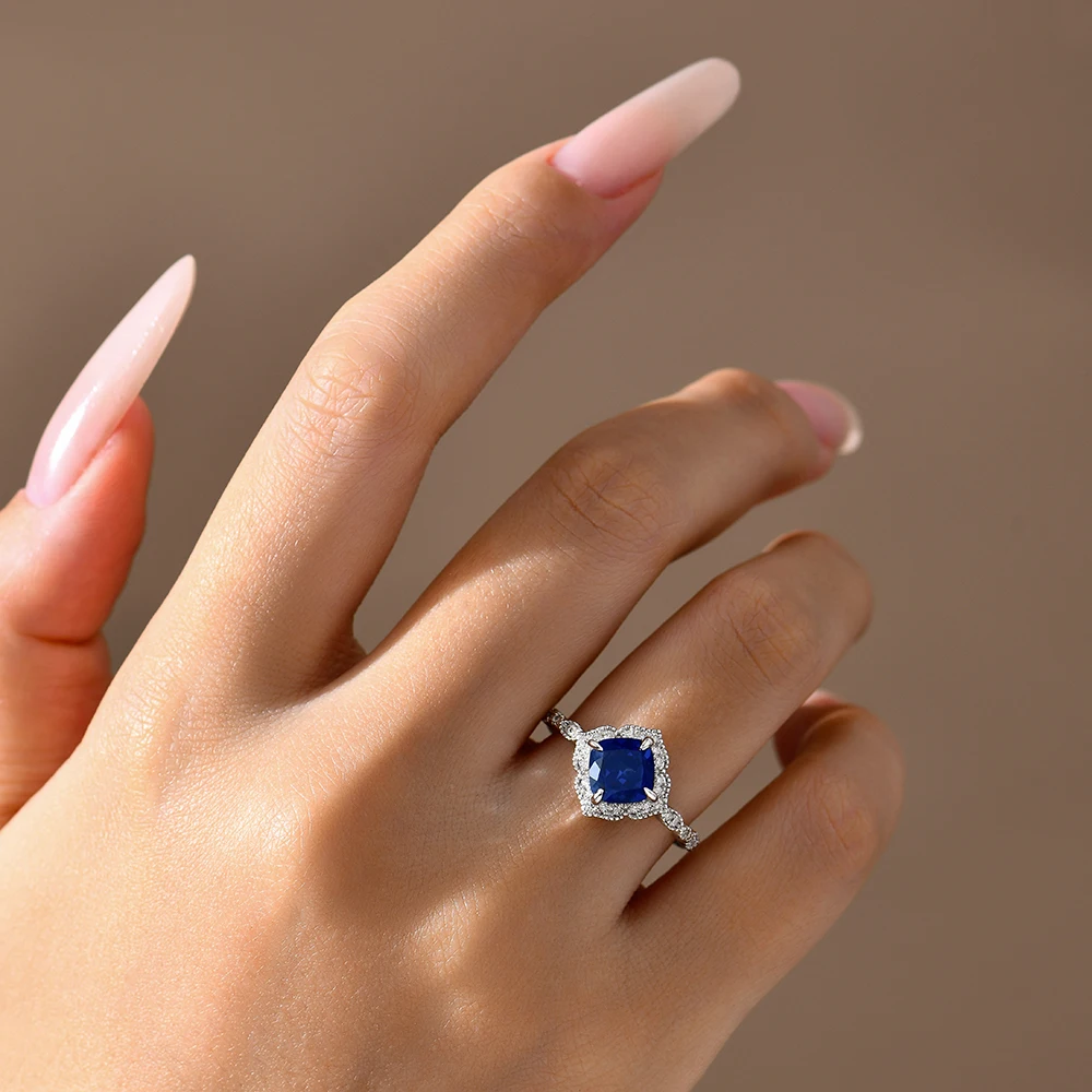 ATTAGEMS-Anillo clásico de zafiro azul, corte cojín, 2.0ct, DVVS1, Plata de Ley 925 auténtica para mujer, joyería fina de compromiso y boda
