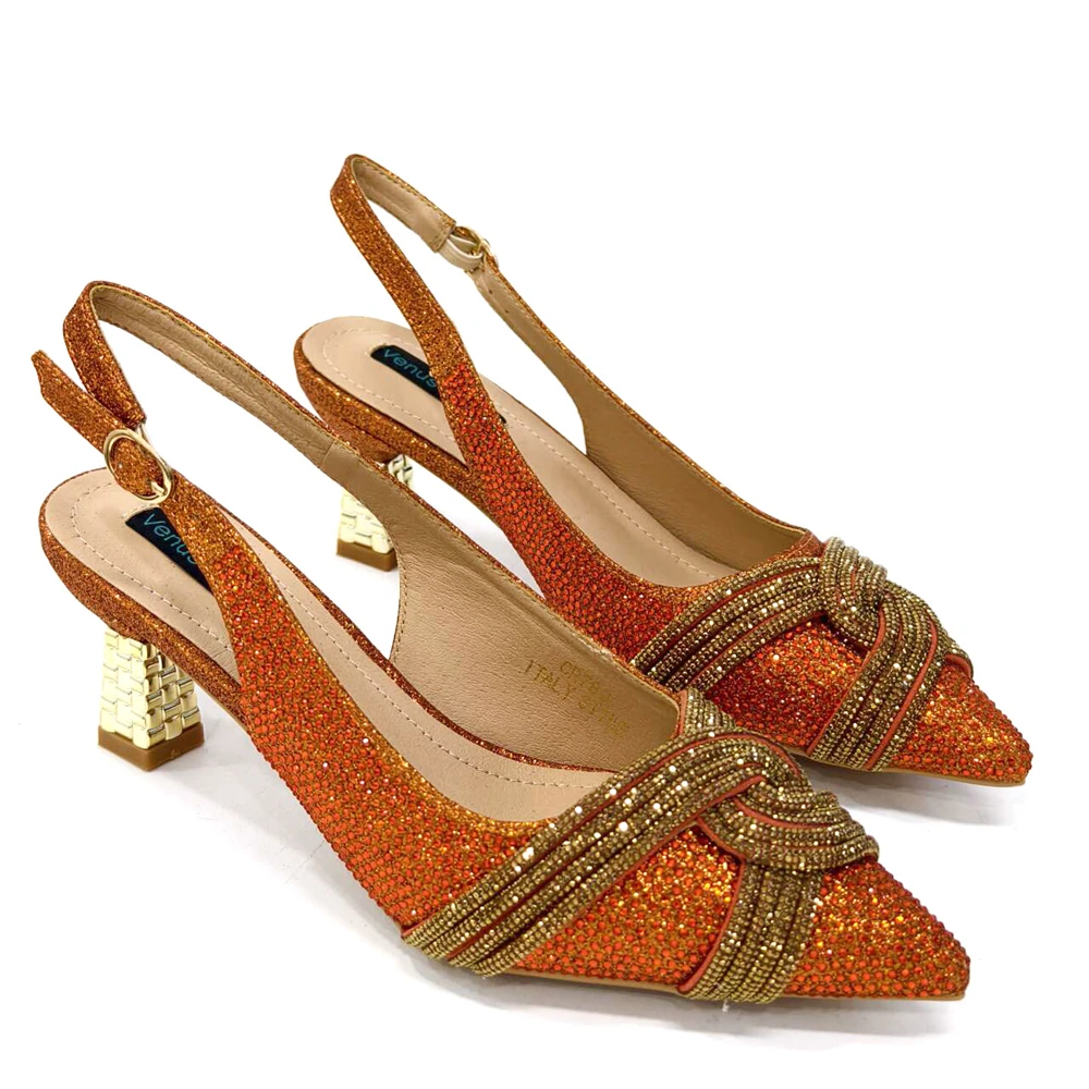 Venus Chan 2024, diseño especial, Color naranja de alta calidad, zapatos y Bolsa africanos para mujer con cristal brillante para fiesta de boda