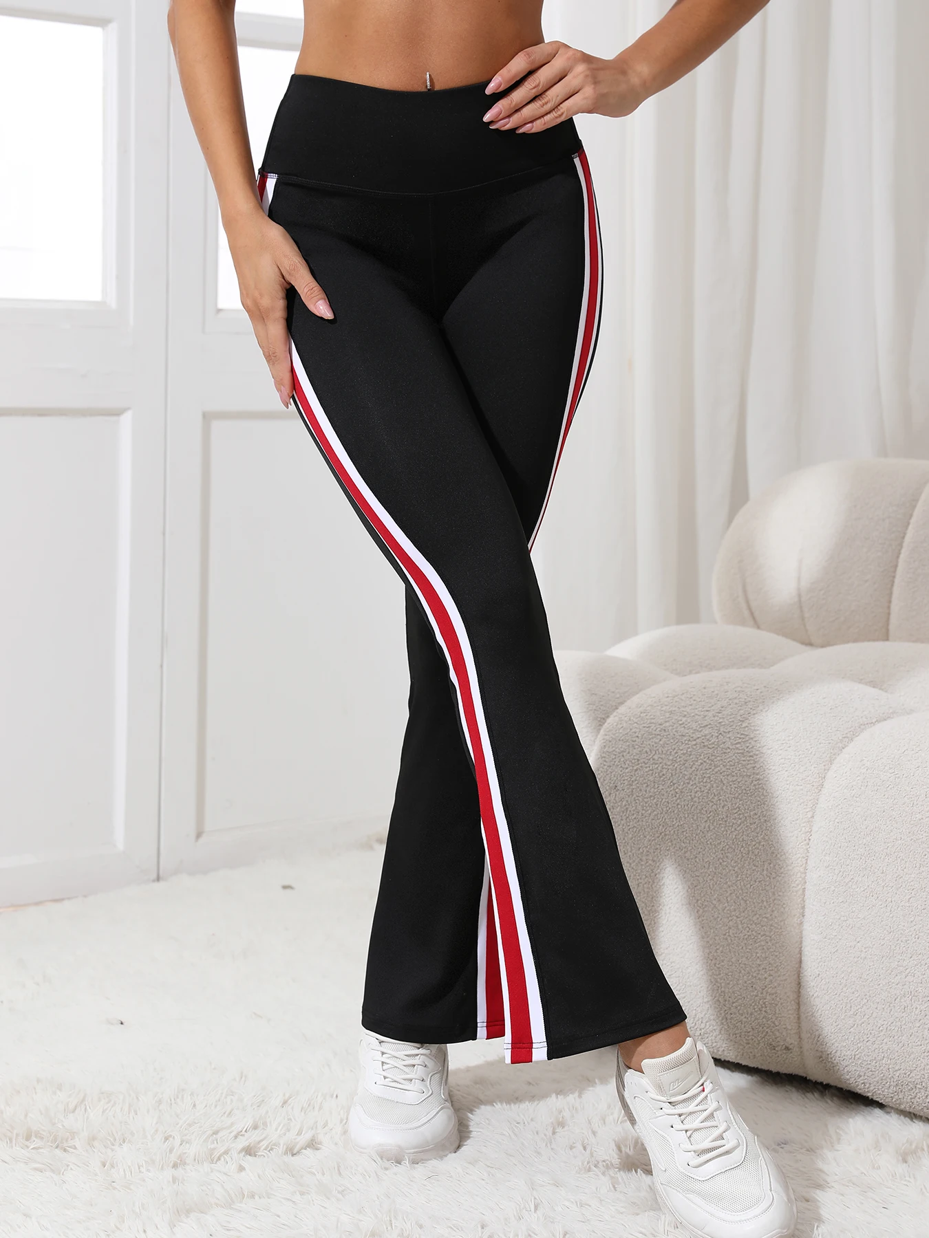 Conjunto de 1 pieza de pantalones informales con parte inferior acampanada y bloques de color para mujer, mallas deportivas de cintura alta y compresión abdominal