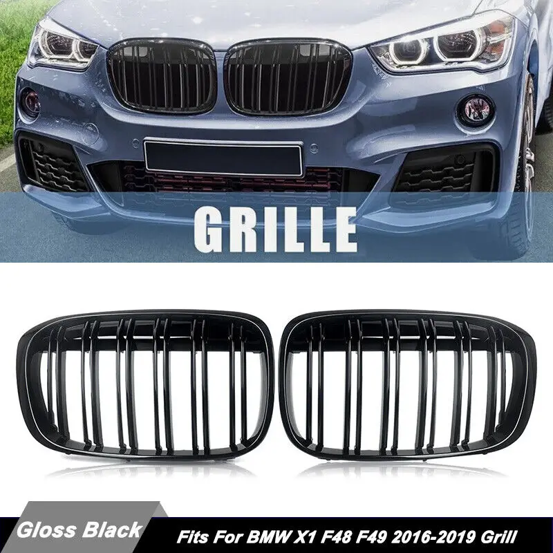 Rejillas de parrilla de riñón de parachoques delantero de coche de doble línea para BMW X1 F48 F49 2016 2017 2018 2019 2020 M estilo rejilla de carreras negro brillante