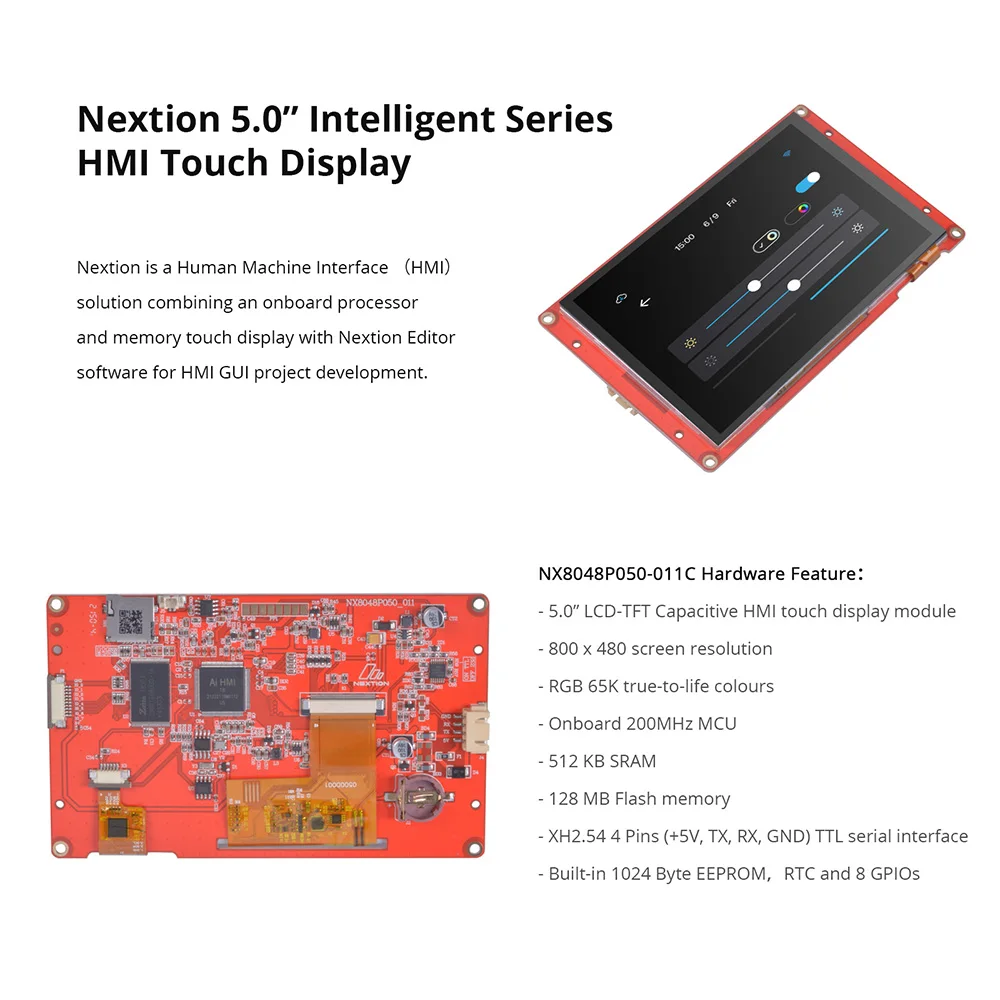 NEXTION NX8048P050-011C-Módulo de pantalla táctil HMI, dispositivo capacitivo de LCD-TFT de 5,0 pulgadas, serie inteligente, sin carcasa