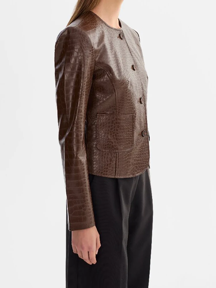 Chaqueta de cuero sintético con estampado de cocodrilo para mujer, cuello redondo, cierre de botones frontales, bajo peplum acampanado, corte ajustado, abrigo corto, ropa de calle para damas.