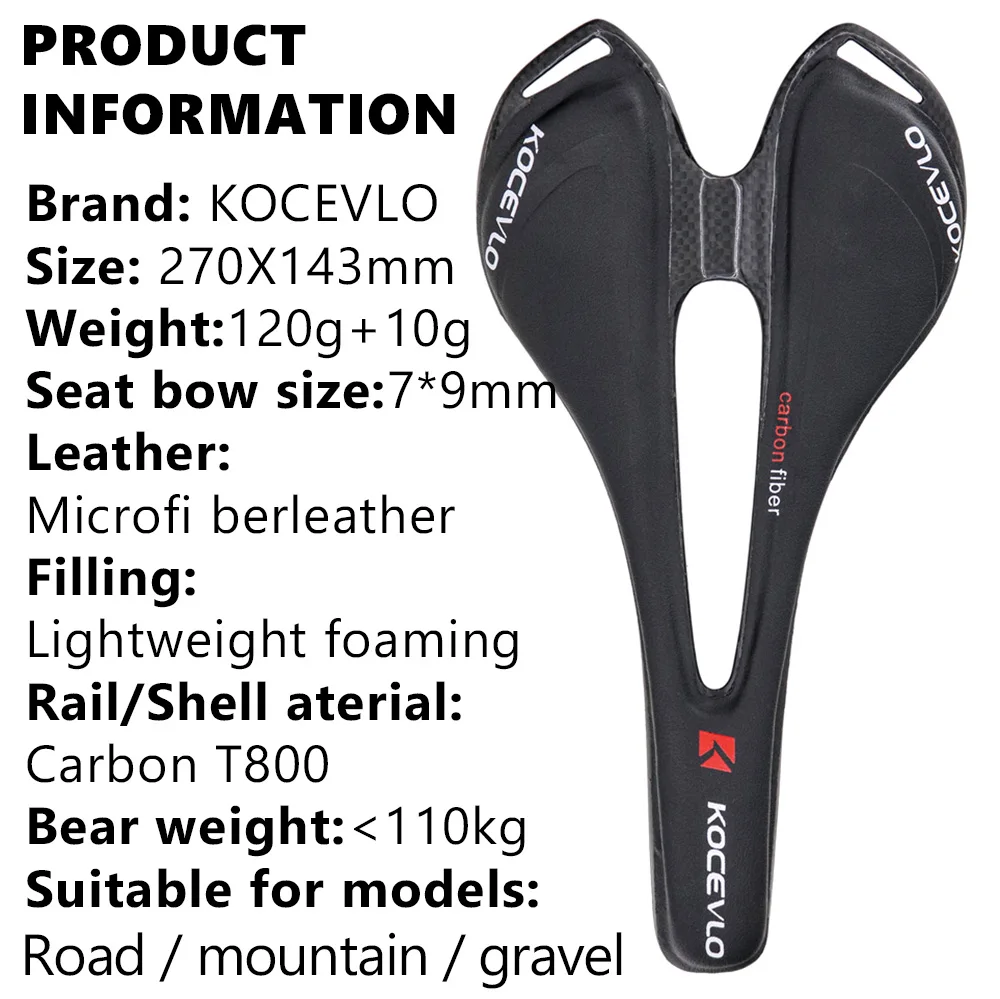 KOCEVLO-sillín de fibra de carbono T800, asiento ultraligero de cuero para bicicleta de carretera y MTB