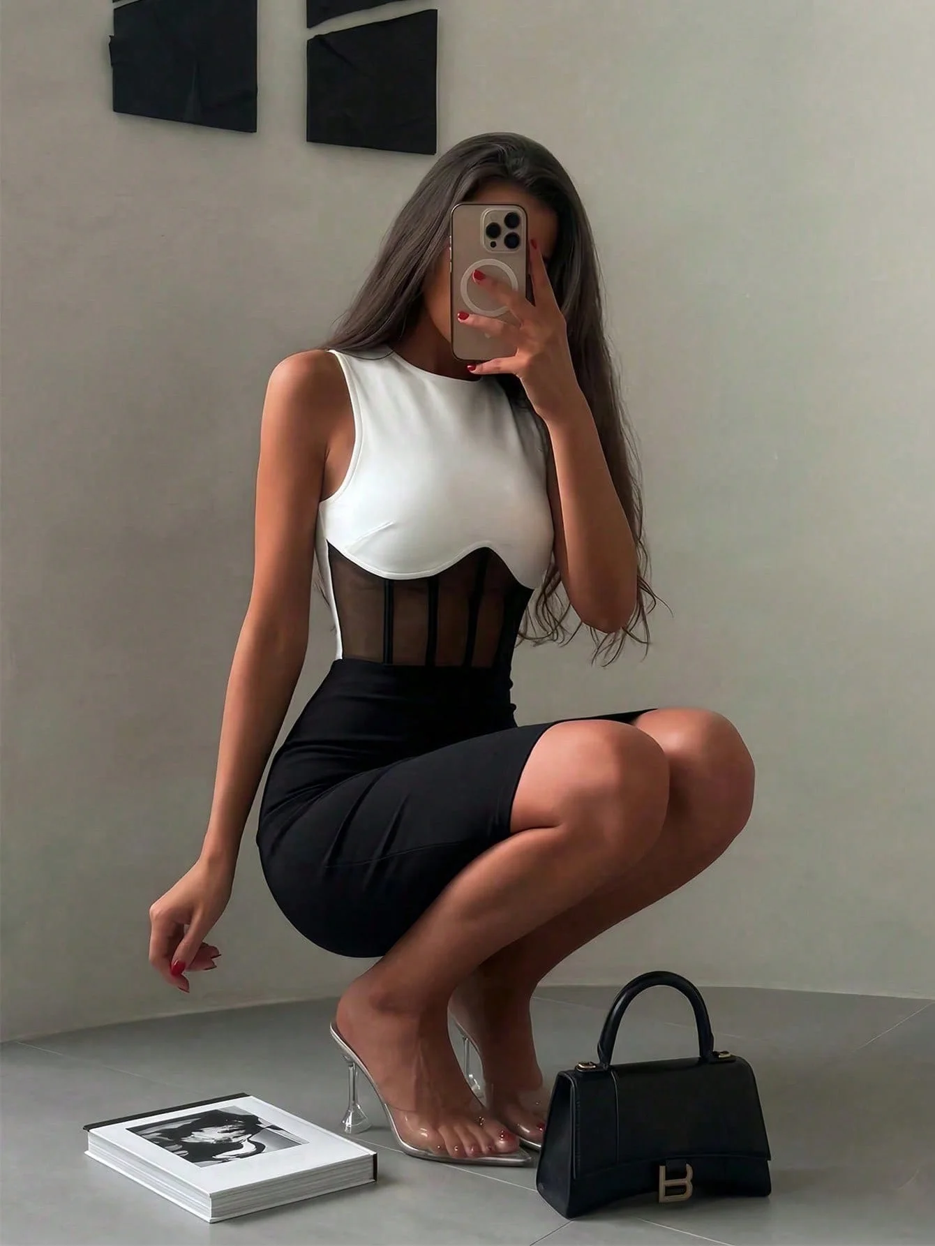 Vestido Sexy de Verano con Contraste de Color, Malla Transparente, Cierre de Cremallera, Estilo Bodycon, Elegante, Blanco y Negro, Corto, para Salir de Noche