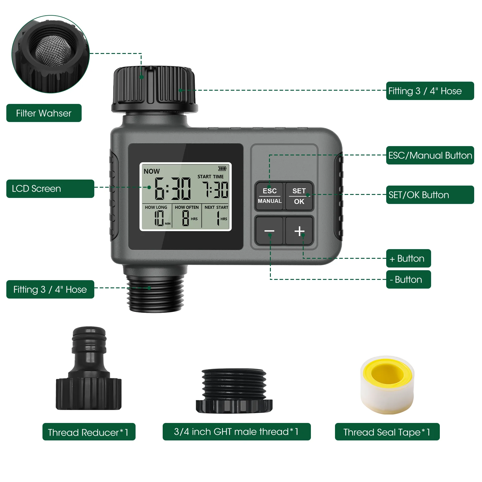 Temporizador de agua automático Insoma, sistema de riego inteligente, temporizador de aspersor, equipo programador de jardín, pantalla LCD IPX7