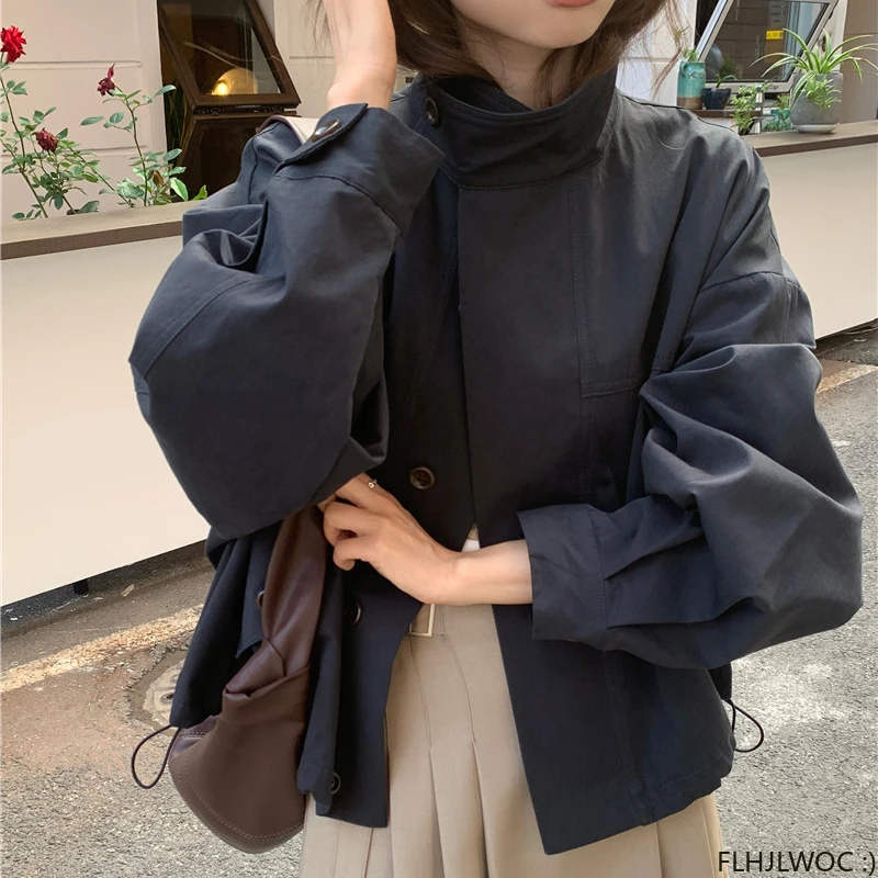Prendas de Vestir exteriores cortas de Corea para mujer, abrigos informales holgados, Chic, de manga larga, mezclas de algodón, rompevientos Delgado
