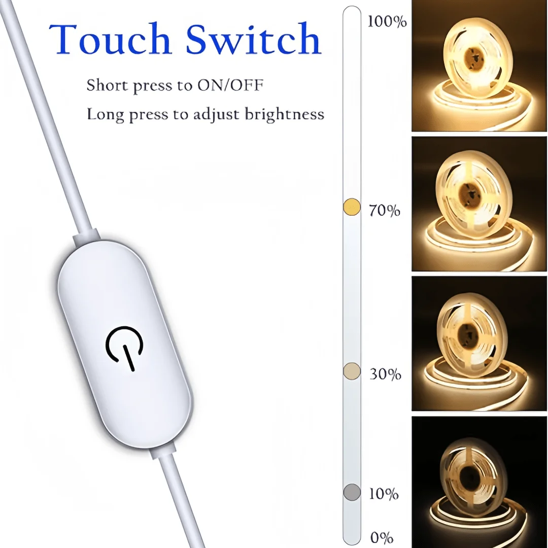 Tira de luces COB LED, atenuador táctil, cinta de diodo Flexible, 5V, USB, iluminación interior lineal, lámpara para habitación, bricolaje, TV, espejo, retroiluminación, decoración de pared