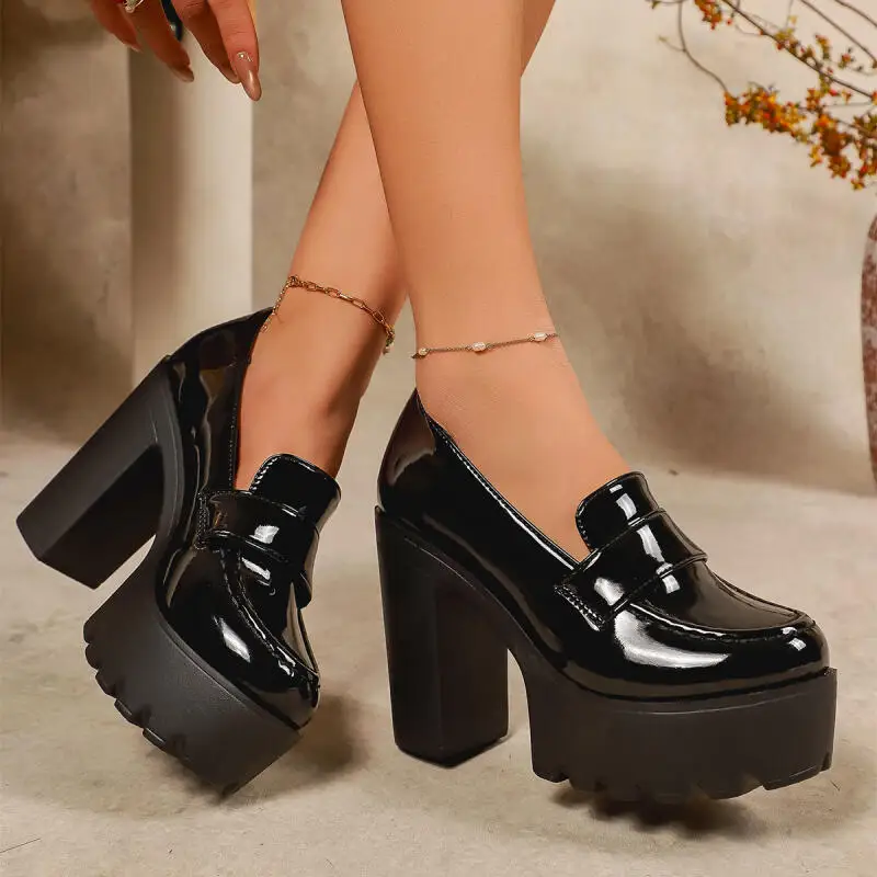 Mocasines de plataforma gruesa de charol de lujo para mujer, zapatos de tacón superalto sexis con parte inferior gruesa para fiesta, zapatos de oficina para mujer 2026